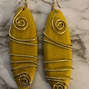 Yellow wood earrings, wrapped in gold wire